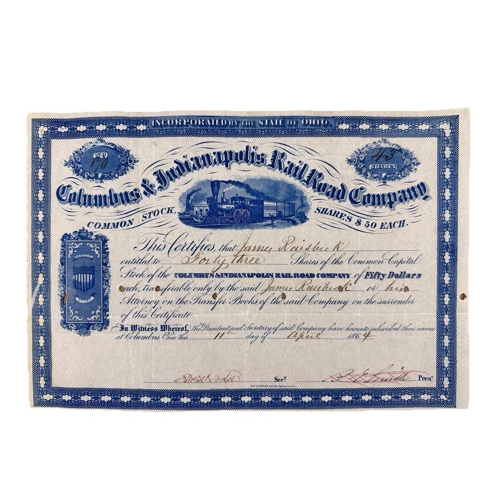 1864 Civil War Railroad Stock Certificate – Cancelled Day John Wilkes Booth Died
